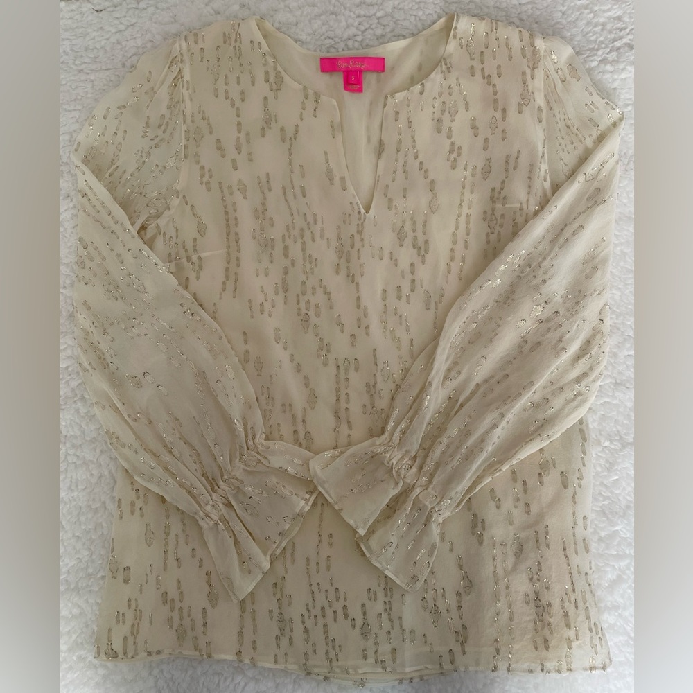 Lilly Pulitzer-Ellarey Silk Top in Coconut Fish Clip Chiffon - Small